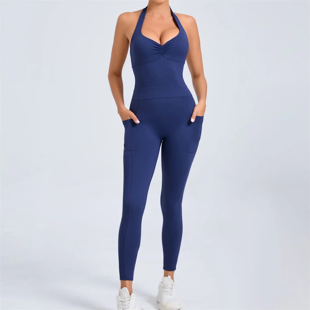 Hollow Backless Sport Short One Piece Jumpsuit Pocket Unitard Yoga Set Gym Women Romper Fitness Scrunch Squat Outfit Set The Clothing Company Sydney