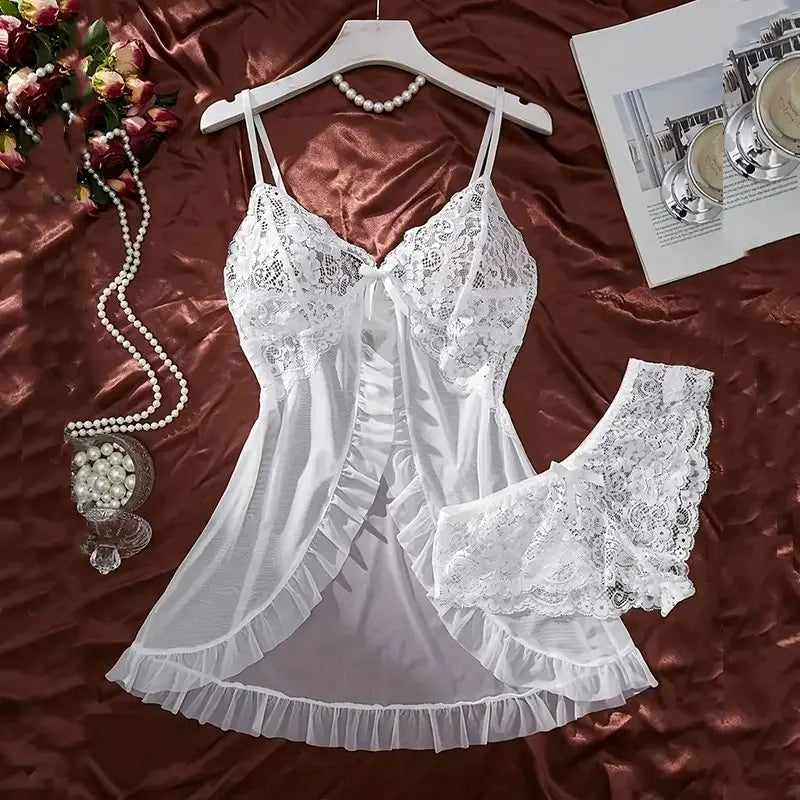 Women's lace lingerie nightgown and thong set with suspender details, plus-size two-piece design