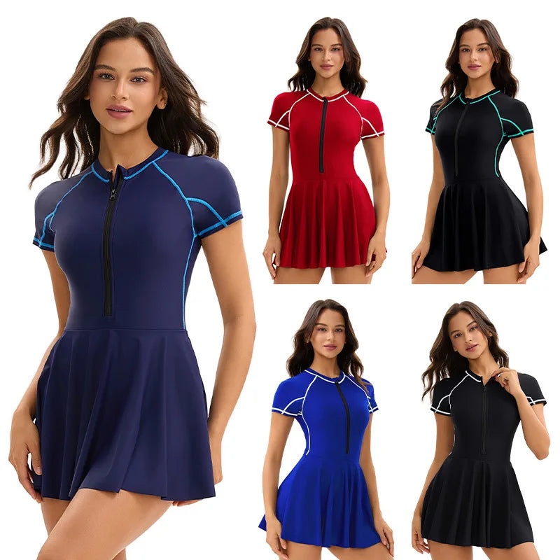 Women's high-neck one-piece swimdress swimsuit with skirt, sport swimwear; The Clothing Company Sydney