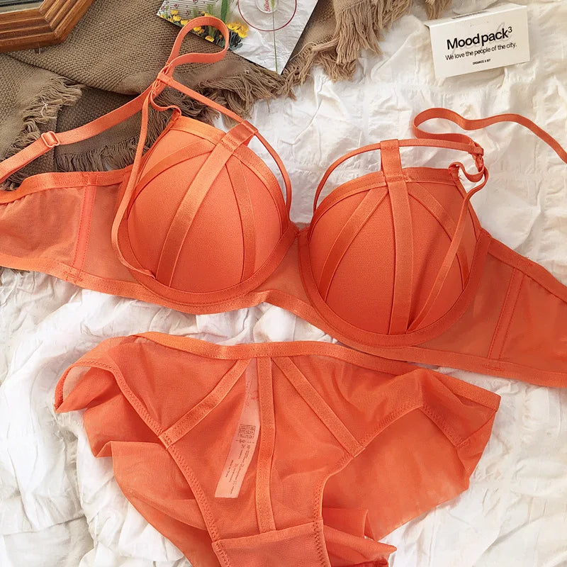 2 Piece Women Lace Underwear Hollow Push Up Bra Set Classic Bandage Lingerie Fashion Fluorescent Plus Size Set