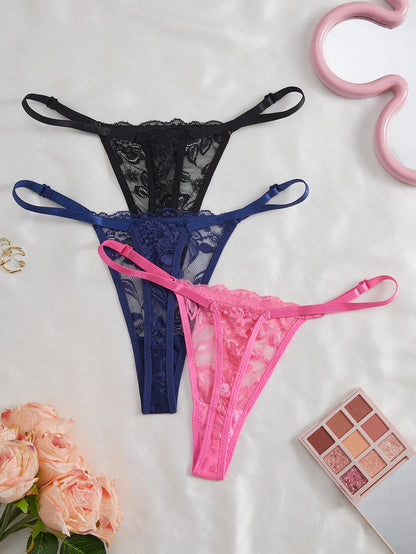 3 Pack Women's Lace Panties Underwear Adjustable Strap Floral Lace Sheer Mesh Thong G String The Clothing Company Sydney
