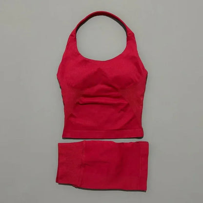 2 Piece Sports Halter Top Strappy Bra Shorts Matching Set Seamless Yoga Gym Running Fitness Shorts Suit