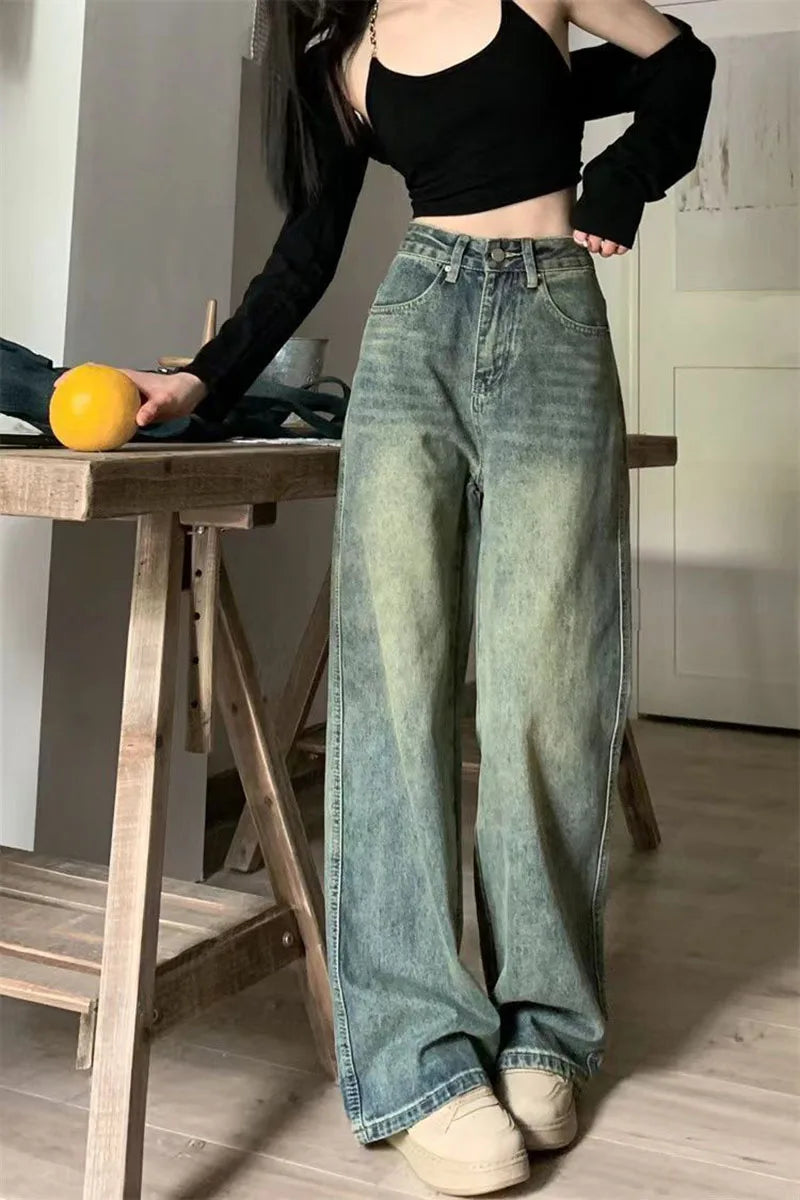 Vintage Baggy Straight Denim Trousers Y2K High Waist Loose Wide Leg Jeans Women Streetwear All-Match Casual Pants