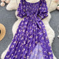 Women's Fashion Romantic Floral Print Split Long Summer Dress Puff Sleeve Party Dress