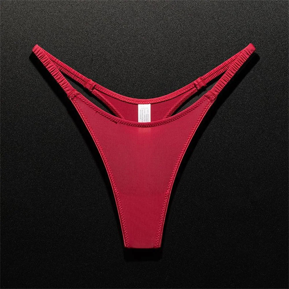 High Slit Ice Silk Thong with Elastic Pleated Waistband Sports V-shape Fitness G-string Plus Size Panties