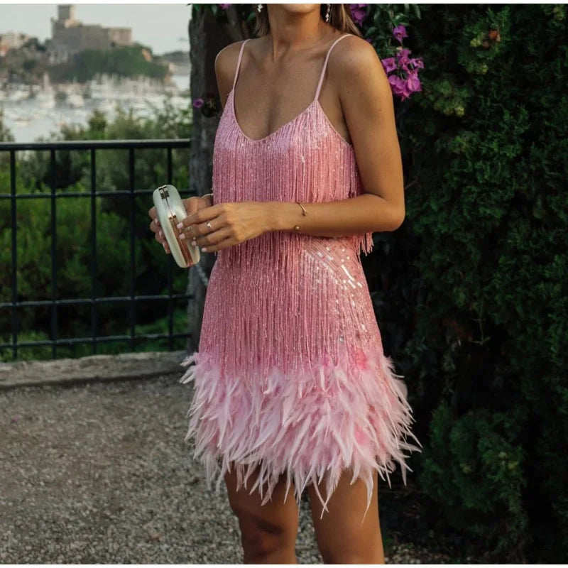 Tassel Sequins Feather Mini Dress Women's Spaghetti Strap Stitching Elegant Evening Party Club Dress