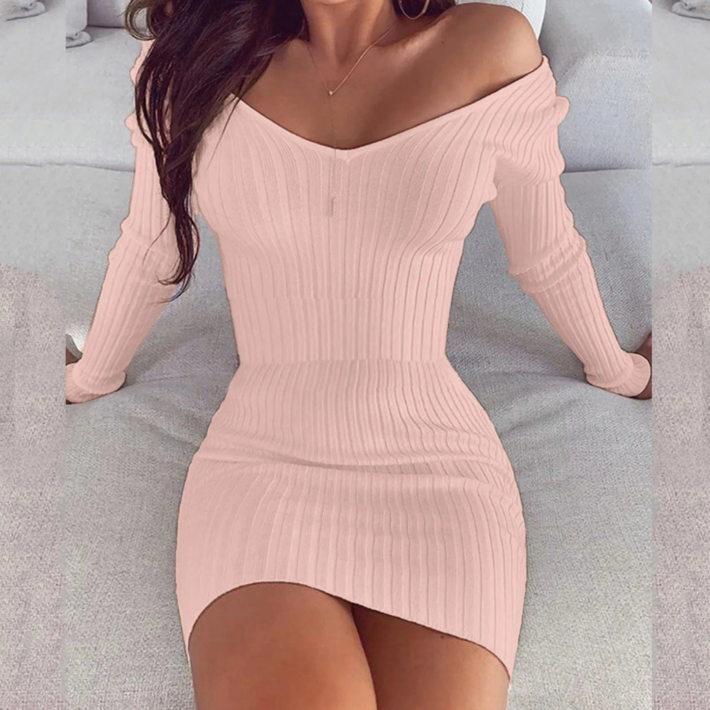 Slim Knitted Solid Color V Neck Long Sleeve Stretchy Short Bodycon Dress Autumn Winter Casual Short Dress The Clothing Company Sydney