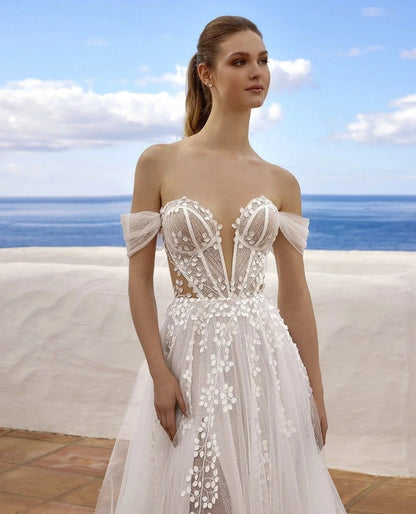 Off The SHoulder Sweethart 3d Flower Lace Boho Beach A Line Wedding Dresses Side Slit Custom Made Bridal Gown The Clothing Company Sydney