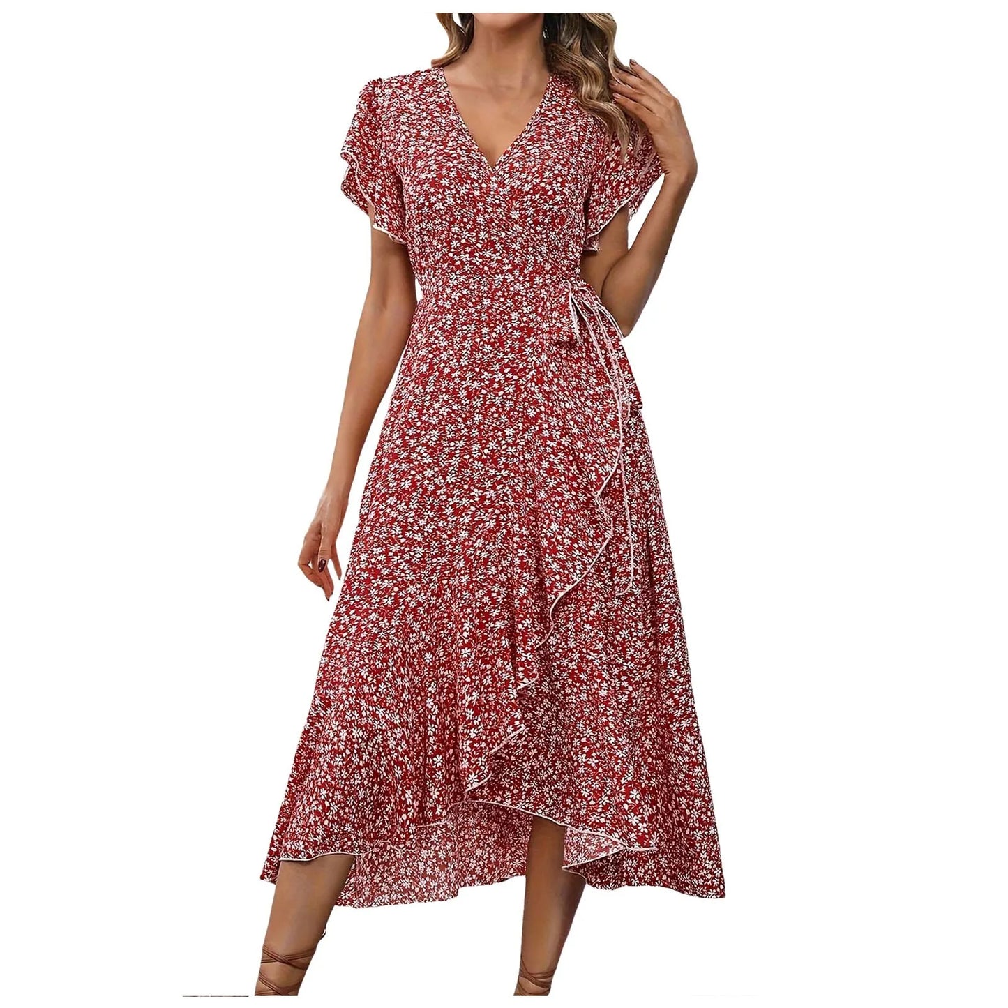 Women's Split Midi Floral Wrap Summer Irregular High Waist Boho Long Dress A-Line V-Neck Holiday Beach Sundress