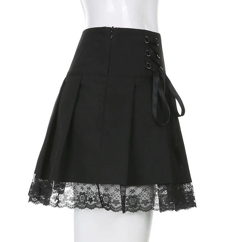 Retro Pleated Skirt Lace Up High Waist Plaid Mesh Stitching Hem Y2K Aesthetic Gothic Black Mini Skirt The Clothing Company Sydney