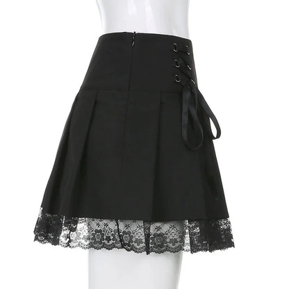 Retro Pleated Skirt Lace Up High Waist Plaid Mesh Stitching Hem Y2K Aesthetic Gothic Black Mini Skirt The Clothing Company Sydney