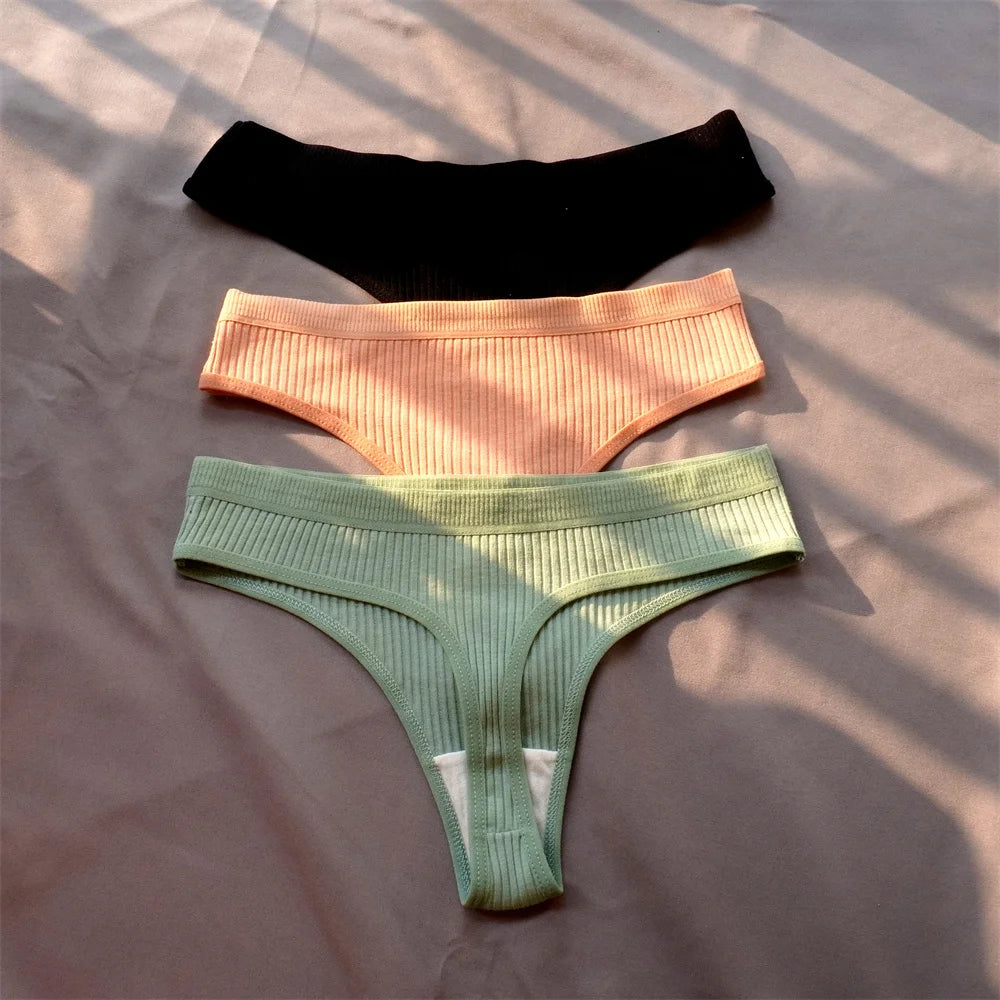 3 Pack Seamless Ribbed Cotton Thong Low Waist Bikini Briefs Sports Underwear Plus Size