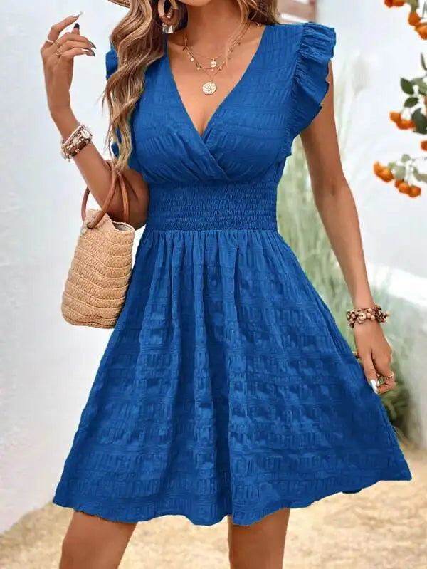 Elegant Short Summer Casual Slim Red Sleeveless Holiday Beach Dress Fashion V Neck A-line Dresses