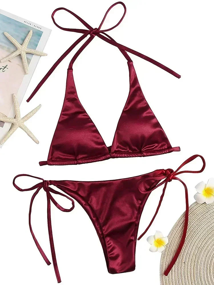 2 Piece Halter Brazilian Metallic Satin Swimwear Swimsuit Two-piece Bikini Set High Cut Bathing Suit Swim Beachwear