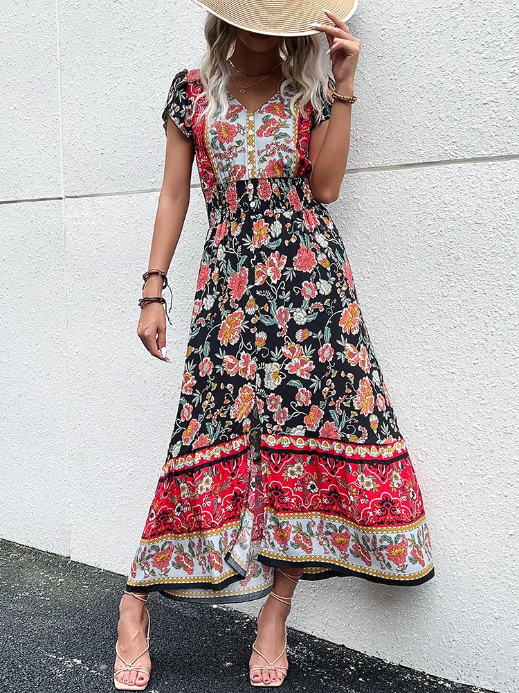 Short Sleeves V Neck Vintage Floral Boho Printed Slit Midi Dresses A Line Bohemian Summer Beach Dress The Clothing Company Sydney