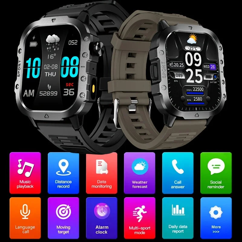 Men's LED smart watch by The Clothing Company Sydney featuring Bluetooth, voice control, multi-sport modes, and health monitoring.