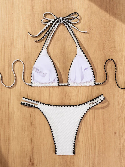 2 Piece Knitted Bikini Women White Patchwork Push Up Micro Swimwear Brazilian Summer Beach Bathing Suit Thong Swimsuit The Clothing Company Sydney