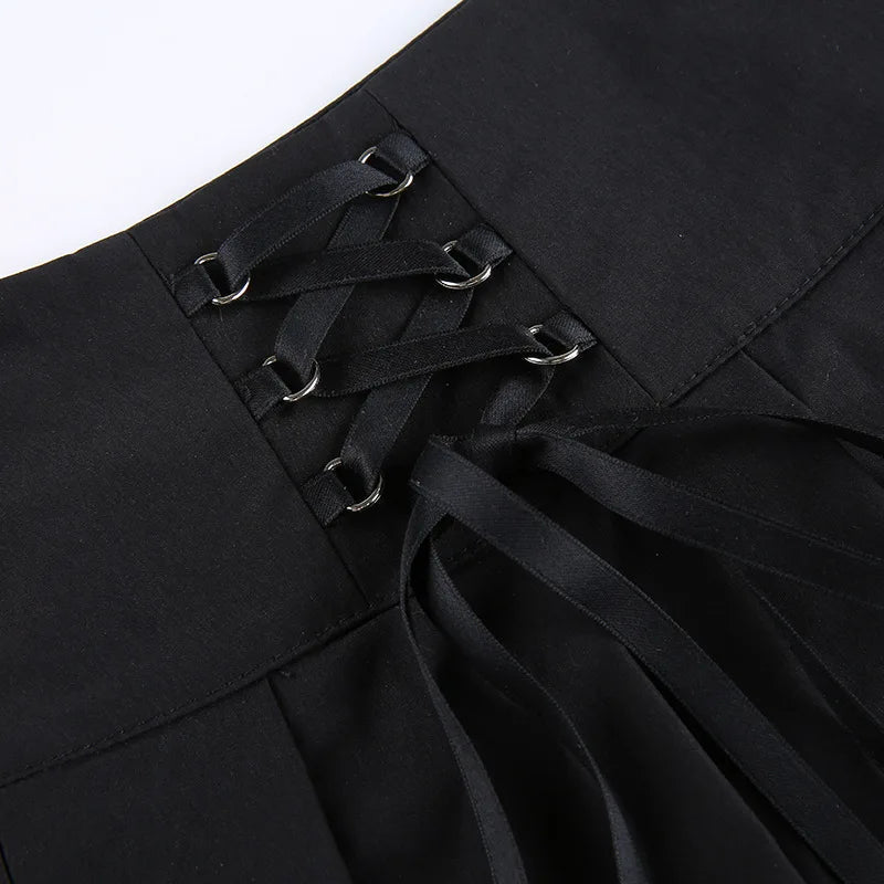 Retro Pleated Skirt Lace Up High Waist Plaid Mesh Stitching Hem Y2K Aesthetic Gothic Black Mini Skirt The Clothing Company Sydney