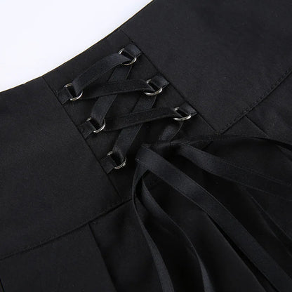 Retro Pleated Skirt Lace Up High Waist Plaid Mesh Stitching Hem Y2K Aesthetic Gothic Black Mini Skirt The Clothing Company Sydney