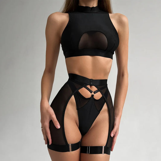 Lingerie Set Woman 3 Piece Vest Top Seamless Underwear Garter Belt Set Thong Black Intimate Exotic Set