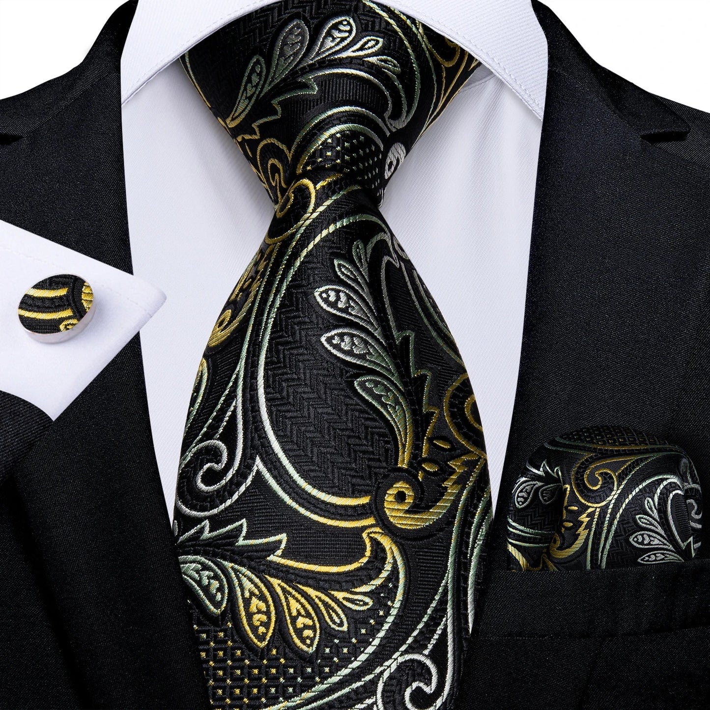 Luxury Black & Gold Paisley Silk Tie Set – Men's Necktie, Pocket Square & Cufflinks Gift The Clothing Company Sydney