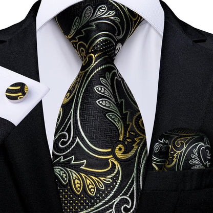 Luxury Black & Gold Paisley Silk Tie Set – Men's Necktie, Pocket Square & Cufflinks Gift The Clothing Company Sydney