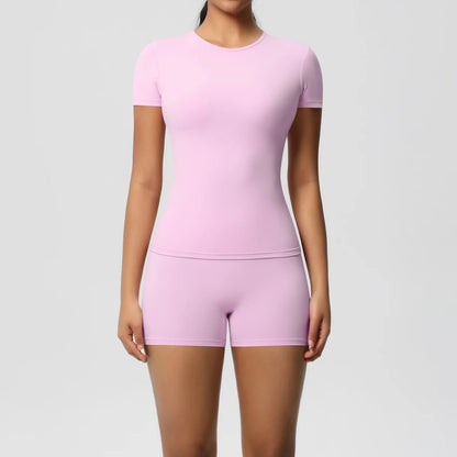 2 Piece Quick-Drying Gym Leggings Set Summer Short Sleeve Breathable Stretchy Yoga Slim Fitness Active Top Women's Cycling Bike Shorts The Clothing Company Sydney