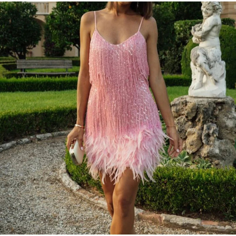 Tassel Sequins Feather Mini Dress Women's Spaghetti Strap Stitching Elegant Evening Party Club Dress