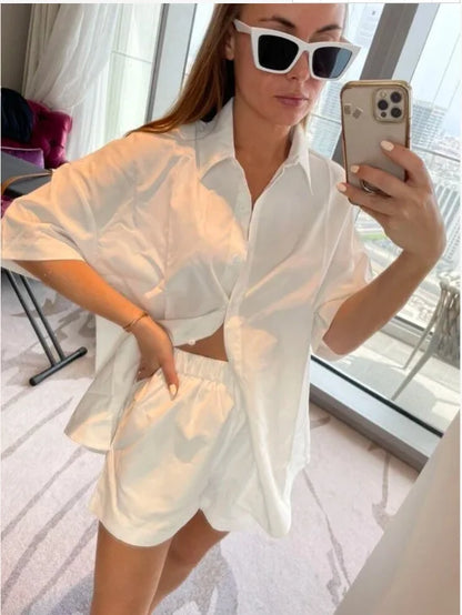 Long Sleeve Single breasted Top Broad legged Shorts Set Fashion Ladies Solid Suits Summer 2 Piece Matching Outfits For Women The Clothing Company Sydney