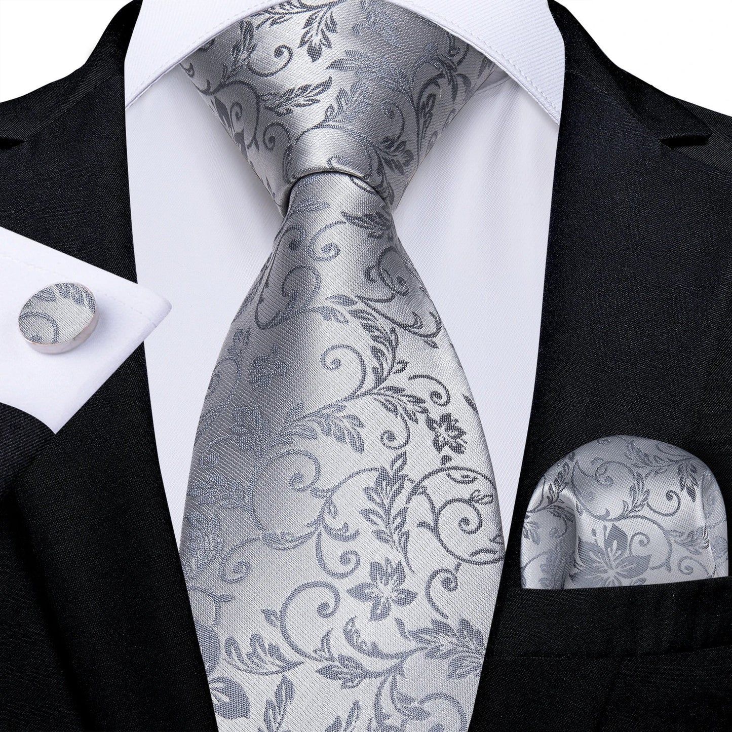 Gray Paisley Silk Tie Set – Men’s Wedding Tie, Pocket Square & Cufflinks The Clothing Company Sydney