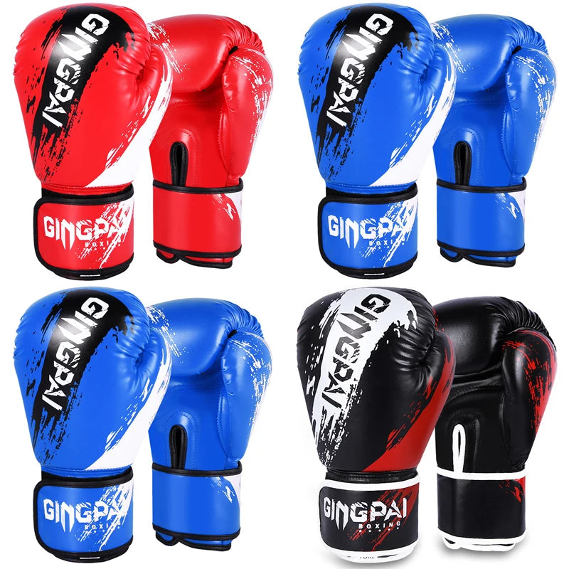 Black, red and blue adult and kids Muay Thai boxing gloves with adjustable wrist straps for training and sparring