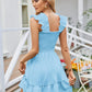 Womens Summer Casual Boho Sleeveless Backless Square Neck Smocked Ruffle Mini Dress A-Line Swing Sundress