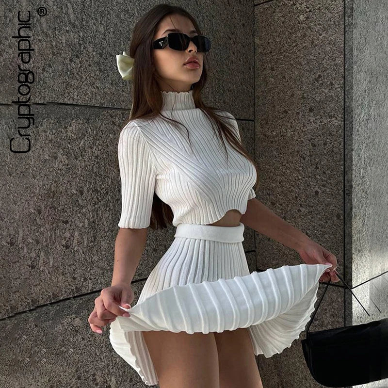 Elegant Knitted Dress Pleated Matching Outfits for Women Winter Mini Skirts 2 Piece Sets