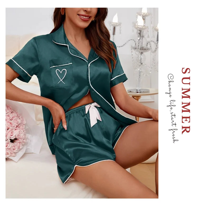 Women's Silk Satin Pyjama Set Button Down Short Sleeve Tops With Shorts 2 Pieces Sleepwear Suit Nightwear Loungewear The Clothing Company Sydney