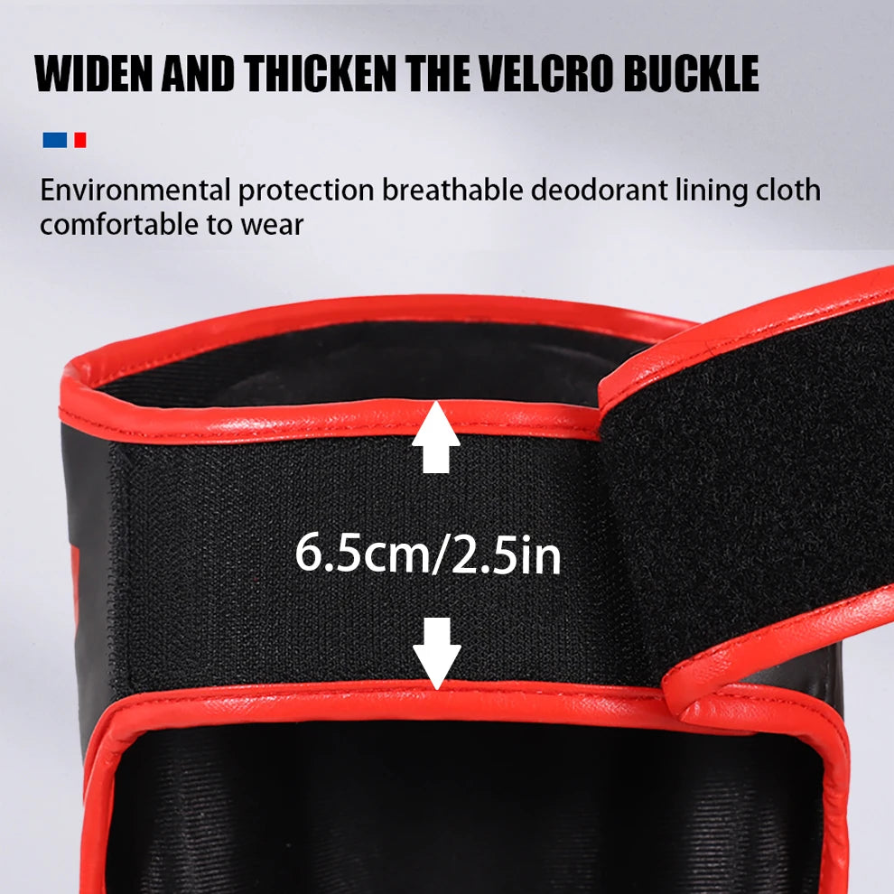 Muay Thai shin guards with foot and back protection for boxing, fighting, and taekwondo training