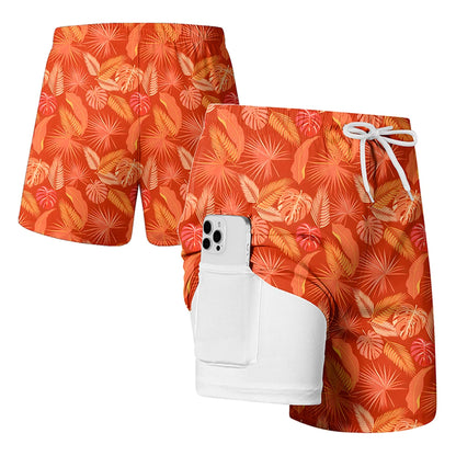 Men's quick dry double layer beach print swim trunks with compression liner and phone pockets