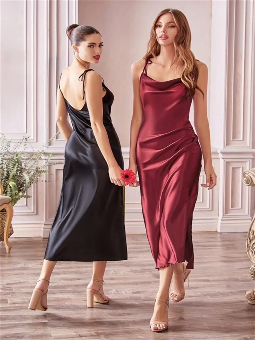 Burgundy Satin Beach Maxi Women Side Slit Adjustable Straps Evening Prom Dress Bridesmaid Dresses The Clothing Company Sydney