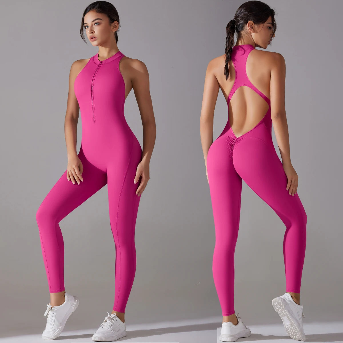 Hollow Backless Scrunch Sporty Jumpsuit Woman Gym Set One Piece Sport Suit Sleeveless Zip Yoga Fitness Overalls
