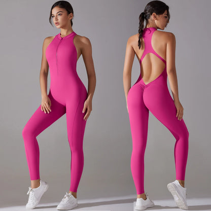 Hollow Backless Scrunch Sporty Jumpsuit Woman Gym Set One Piece Sport Suit Sleeveless Zip Yoga Fitness Overalls