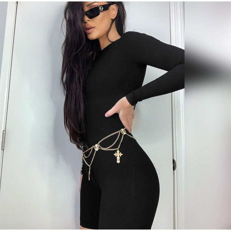 Casual Women's Knitted Bodycon Jumpsuit Fashion Long Sleeve Short Sport One-piece Suit Spring Back Zipper Yoga Playsuit The Clothing Company Sydney