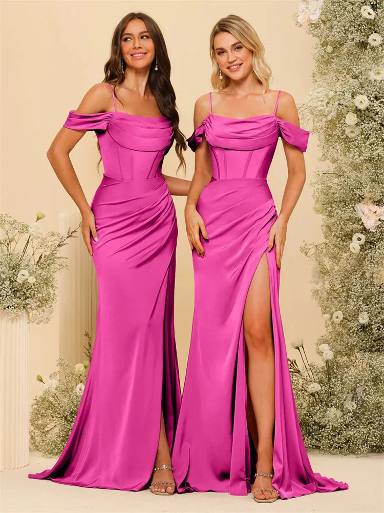 Off-the-Shoulder Spaghetti Straps Silk Satin Sheath Bridesmaid Dress Elegant Zipper Back Gowns For Wedding Guests The Clothing Company Sydney