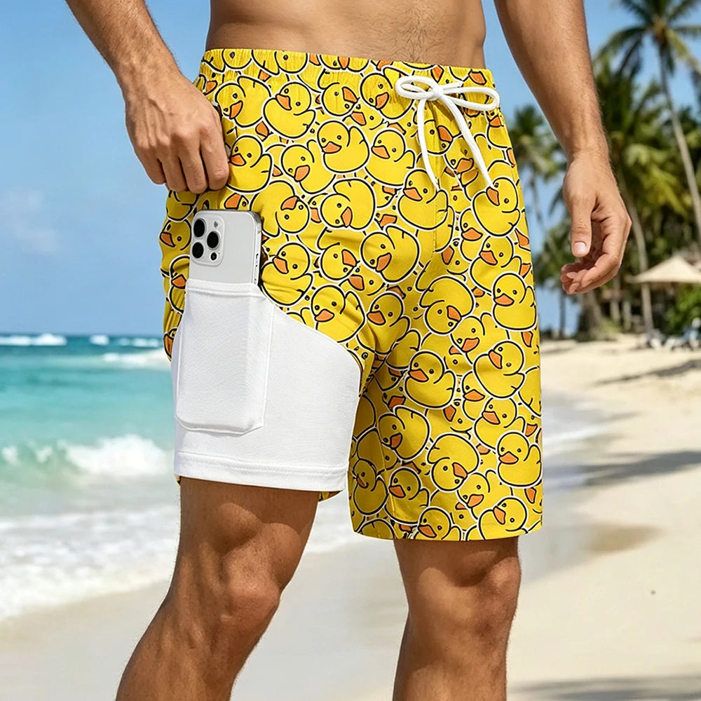 Men's double-layer beach print swim trunks with phone pockets and compression liner by The Clothing Company Sydney