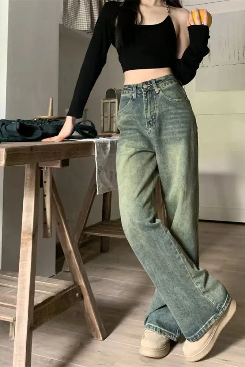 Vintage Baggy Straight Denim Trousers Y2K High Waist Loose Wide Leg Jeans Women Streetwear All-Match Casual Pants