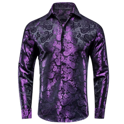 Lilac Mauve Lavender Purple Silk Mens Shirts Luxury Lapel Long Sleeve Dress Shirt