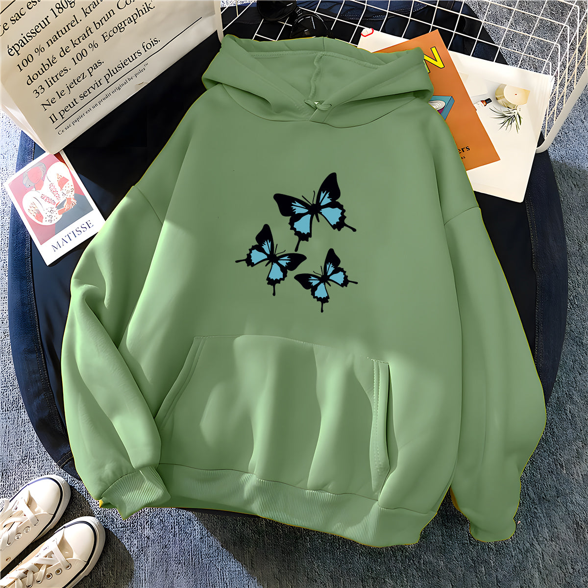 Butterflies Graphic Print Womens Long Sleeve Oversized Sweatshirt Streetwear Fleece Ladies Top