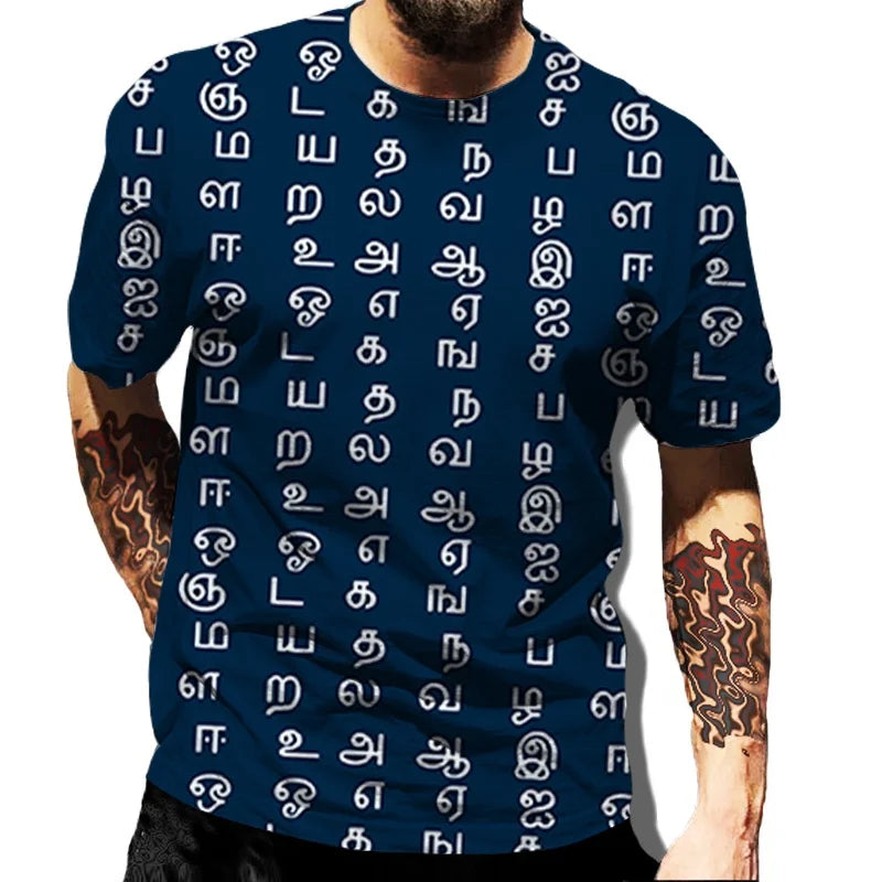 New Trend Casual Tamil Alphabet Men T-shirts Summer Fashion Personality Fun Short Sleeve Street Hip Hop Printed O-neck Short Sleeve Tees The Clothing Company Sydney