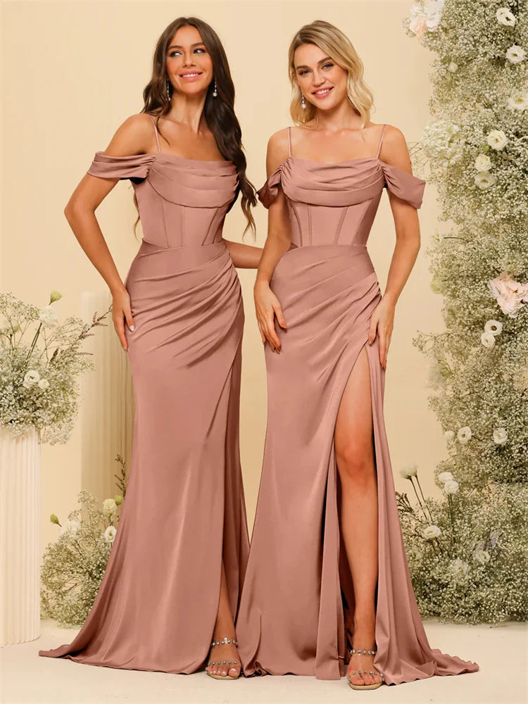 Off-the-Shoulder Spaghetti Straps Silk Satin Sheath Bridesmaid Dress Elegant Zipper Back Gowns For Wedding Guests