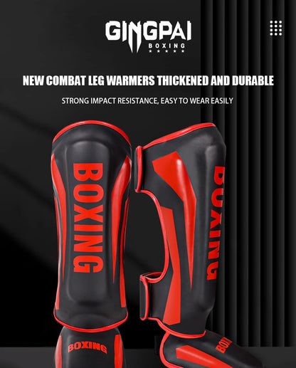 Muay Thai shin guards with foot protection for boxing, fighting, and taekwondo training