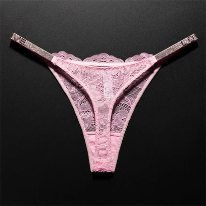 Crystal Embellished Perspective Lace Thong Breathable Underwear Women Transparent T-back Plus Size G String
