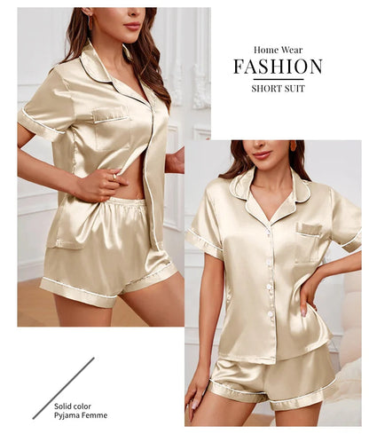 Summer Silk Satin Women Pyjamas Set Button Down Top & Shorts 2 Piece Sleepwear Notched Collar Nightwear Loungewear The Clothing Company Sydney